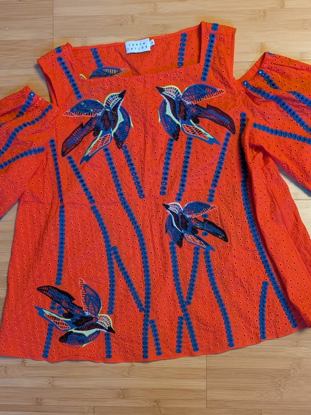 Cold-Shoulder Eyelet Blouse with Blue Bird Embroidery - Red